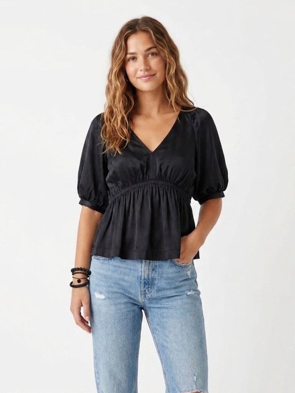 Madewell Shirred Puff-Sleeve Satin Black Top - Small